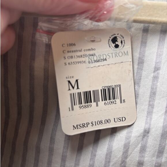 Free People Caroline Stripe Top Neutral Puff Sleeve Blouse Boat Neck Sz M NEW - Picture 8 of 9